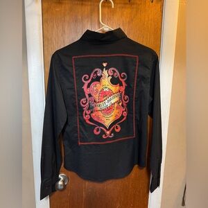 Harley Davidson Shirt Womens Large Black Striped Bling Biker Hog Logo Workwear M